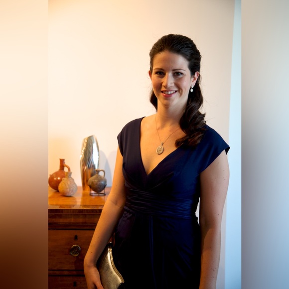 Catherine maladrino black tie dark blue gown with silk ruffle front w slit - Picture 1 of 5